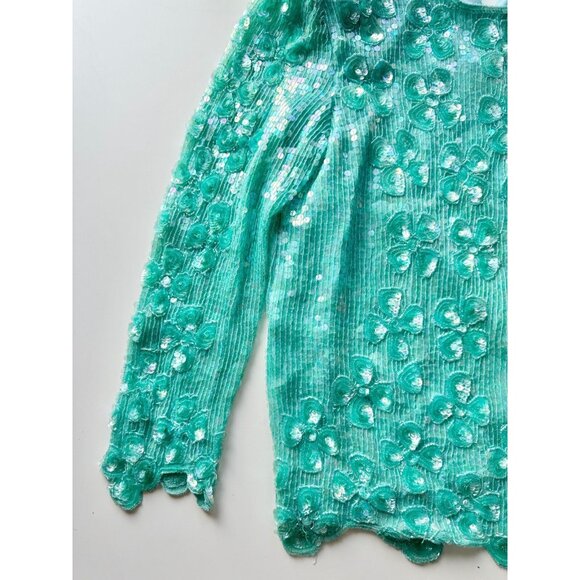 Vintage 90's SAKS FIFTH AVENUE Turquoise Beaded Sequin Blouse Skirt Set, Size M - Picture 5 of 16